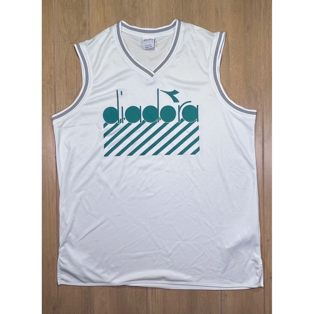 Diadora Mens White Green Graphic Logo V-Neck  Tank Top Jersey XL DZ402991